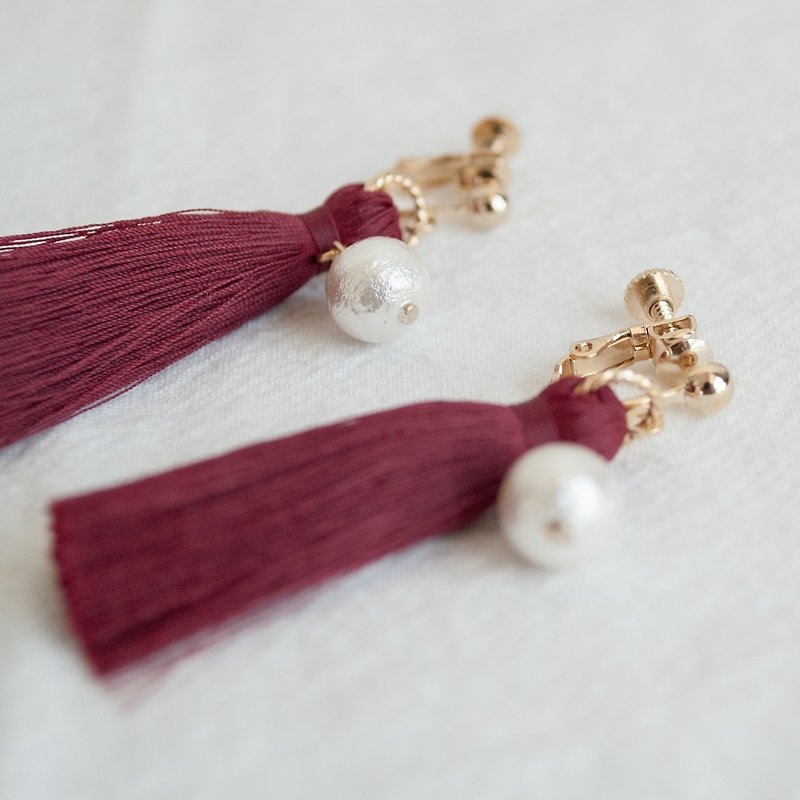 TeaTime Crimson tassels and bubble pearl afternoon ear clip handmade fringe*I a sold out no longer on the shelves* - Earrings & Clip-ons - Other Materials Red