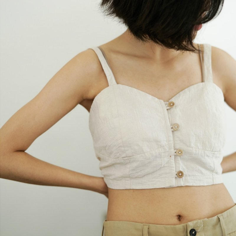 Vest line | beige cotton linen chest vest small cute front button design bare wear - Women's Vests - Cotton & Hemp Khaki