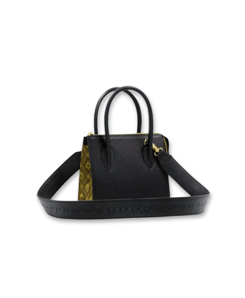Unique crossbody leather and Thai fabric handcrafted  black handbag - 手提包/手提袋 - 真皮 黑色