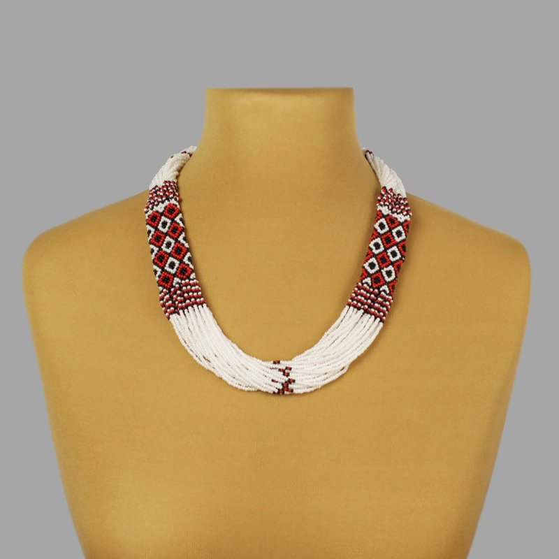 Statement handmade necklace, Ukraine bead necklace, White and red necklace - 項鍊 - 玻璃 白色