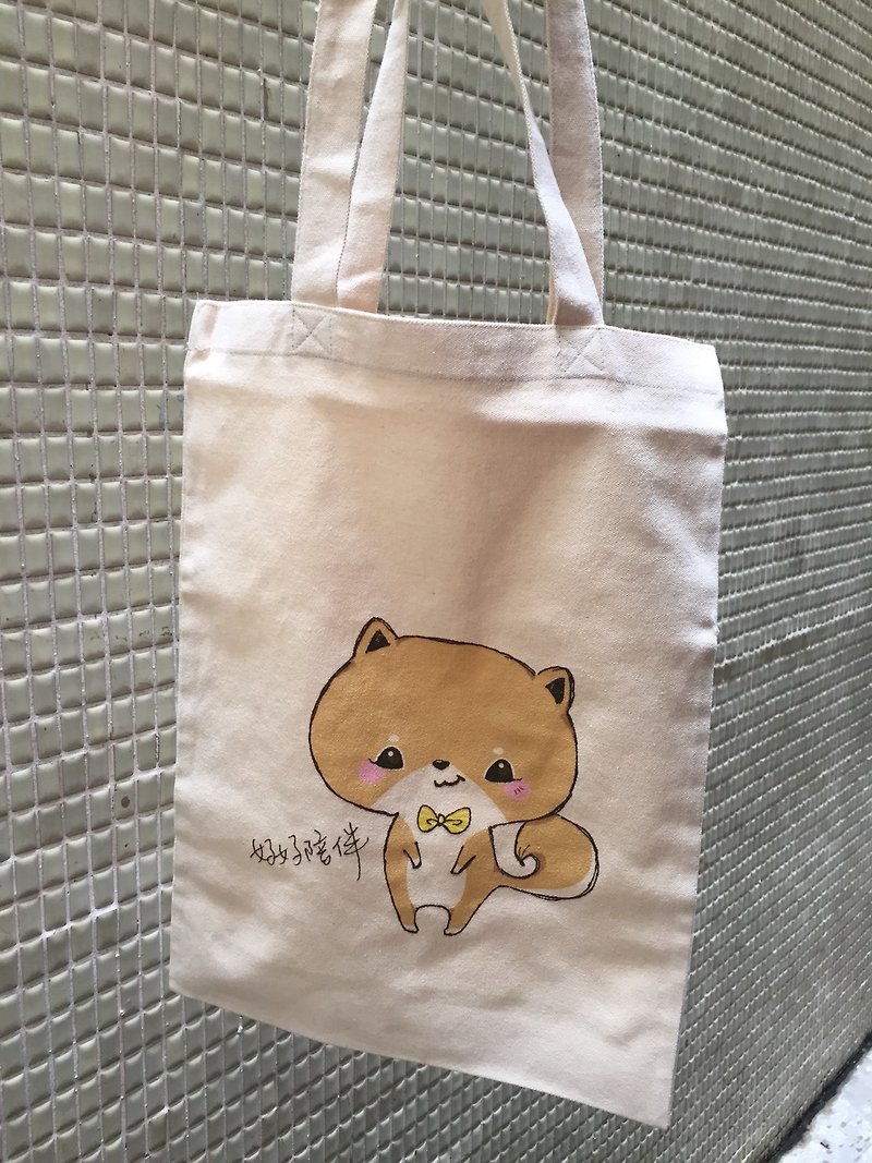 Accompany well-Shiba Inu canvas bag - กระเป๋าแมสเซนเจอร์ - ผ้าฝ้าย/ผ้าลินิน สีทอง