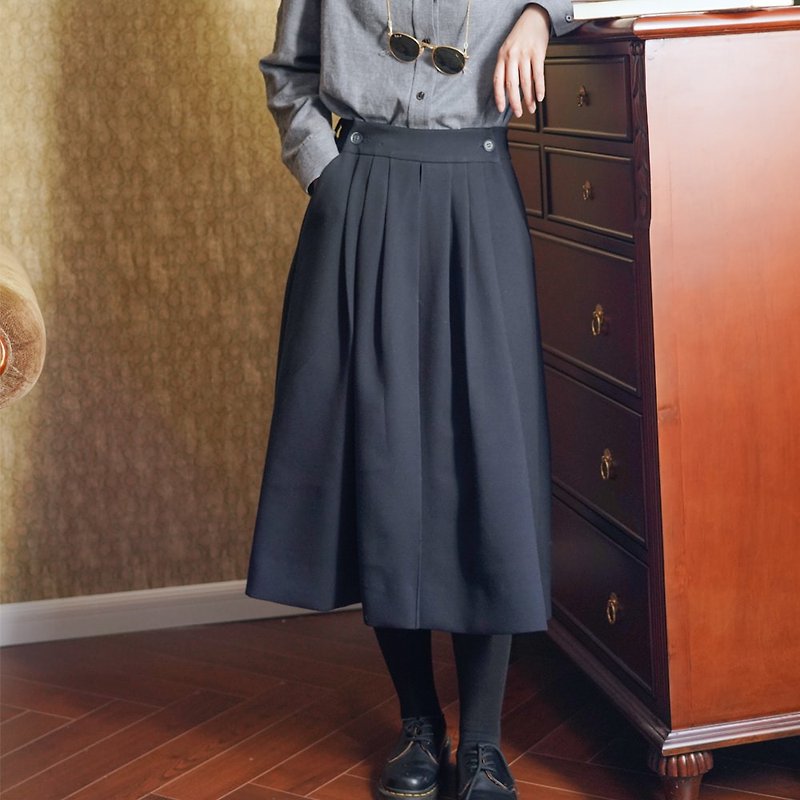 Navy High Waist Elastic Pleated Skirt|Skirt|Winter|Wool Blend|Sora-647 - Skirts - Wool 