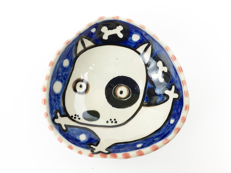 Nice Little Clay hand-painted small plates _ cute black round dog 112537 - จานเล็ก - ดินเผา สีน้ำเงิน