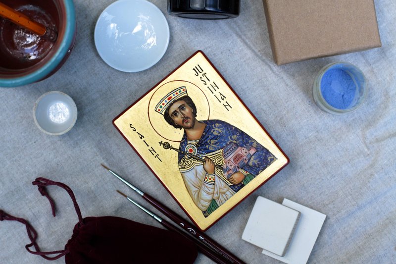 hand painted orthodox wood icon Saint Holy Emperor Justinian religious art - อื่นๆ - ไม้ สีทอง