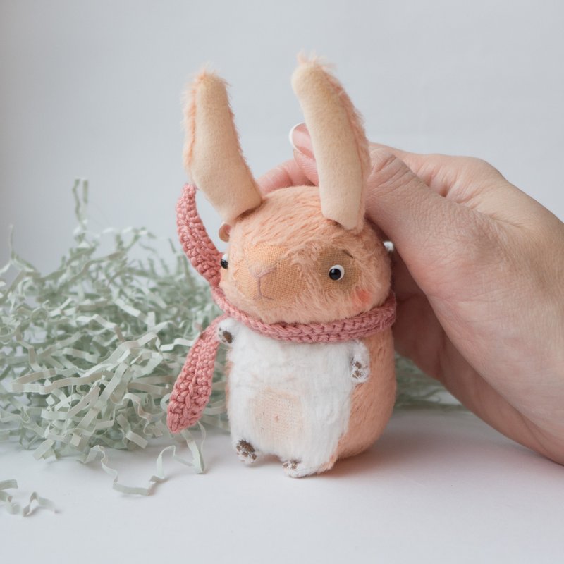 Peach Bunny Rabbit Miniature in Scarf - 10cm - Stuffed Dolls & Figurines - Other Materials Pink