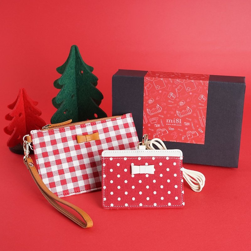 [聖誕特價禮盒組] mi81 甜心零錢手拿包加証件套 聖誔紅格 - 手拿包 - 棉．麻 紅色