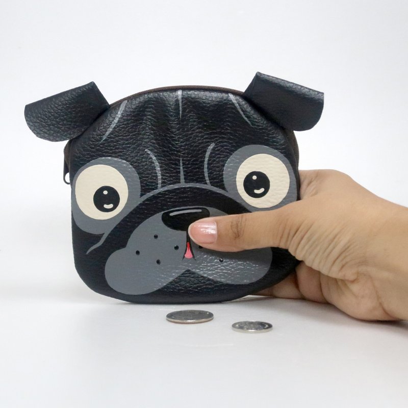 【雙11折扣】Black pug coin purse ,small synthetic leather wallet bag with zip. - 零錢包/小錢包 - 人造皮革 黑色