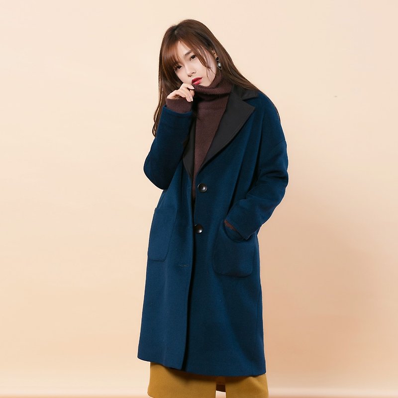 アニー・チェン2016新しい冬のウールのコートの女の子の長い段落の学生の韓国緩い厚いコートの子の気質 - ジャケット - コットン・麻 ブルー