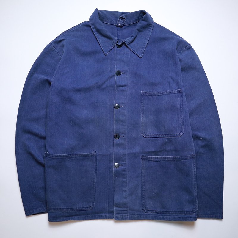 Fuji Bird Vintage 70s HBT Blue French Workwear Herringbone Fabric Workwear Jacket Work - เสื้อโค้ทผู้ชาย - ผ้าฝ้าย/ผ้าลินิน 