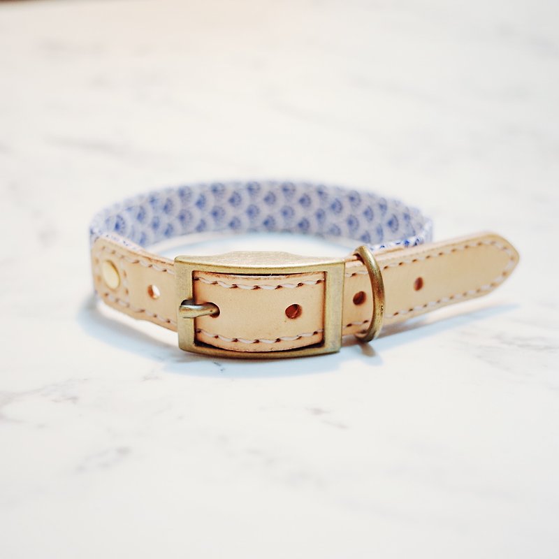Dog collar No. M blue summer style tile printing totem planting leather can add tag - Collars & Leashes - Cotton & Hemp 