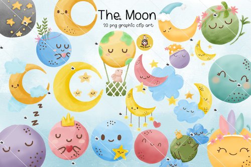 jiffystudio Watercolor hand drawn illustration of a cute moon, cloud, star.