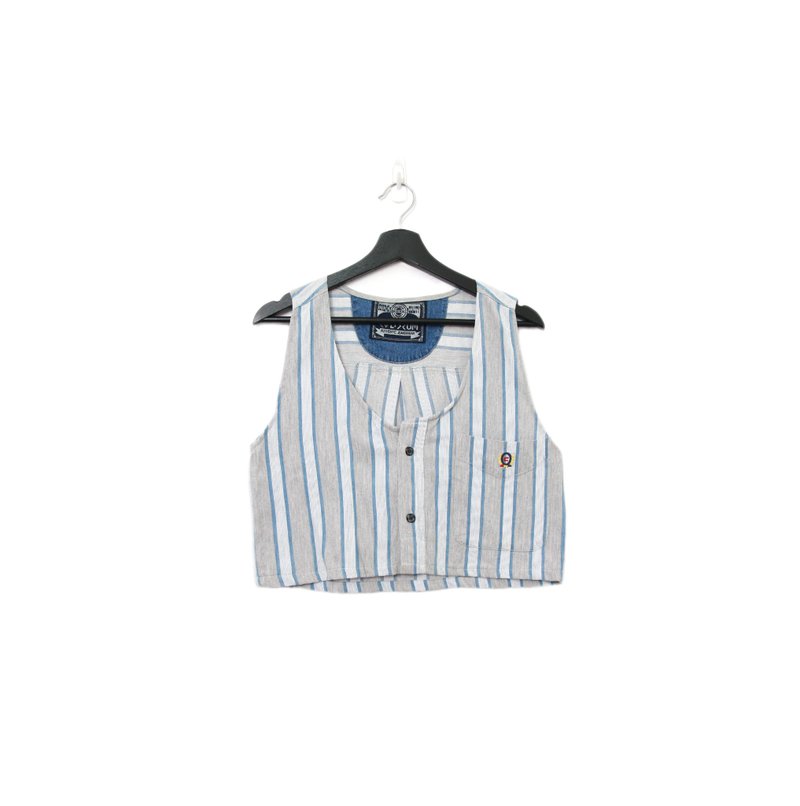 Back to Green-再製水洗丹寧條紋背心 學院灰 tt-06 vintage vest - 背心/無袖上衣 - 棉．麻 