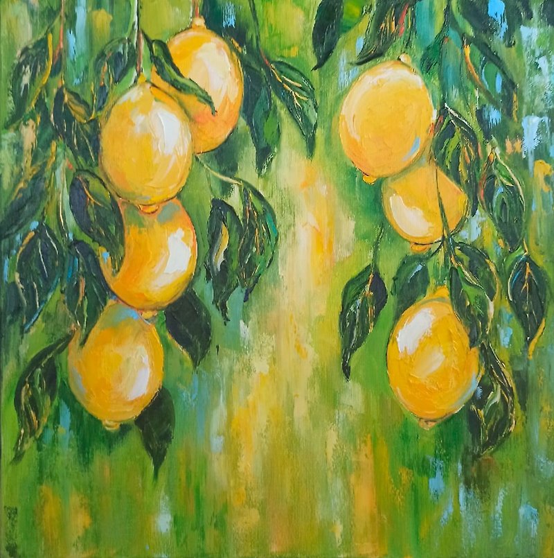 檸檬畫柑橘樹厚塗油畫帆布水果原創藝術藝術品 - 掛牆畫/海報 - 棉．麻 黃色