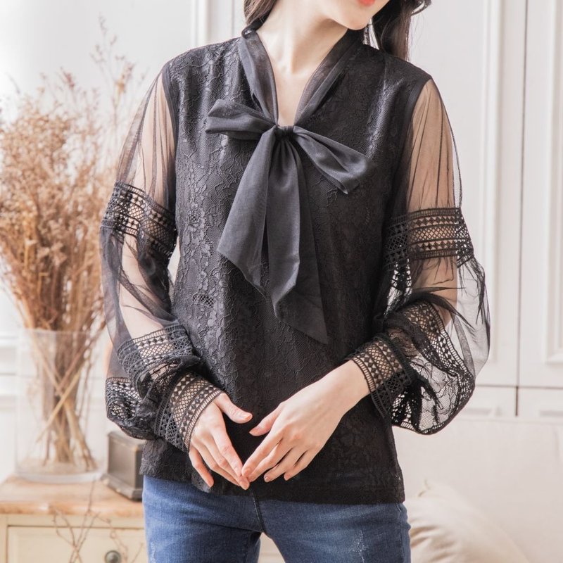 蕾絲拼接知性綁帶上衣  黑 - 女上衣/長袖上衣 - 聚酯纖維 黑色