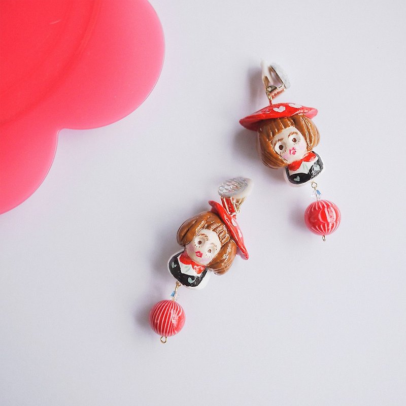 Clay Earrings Little Red Riding Hood Rural Girl Earring Clip-On - Earrings & Clip-ons - Clay Red