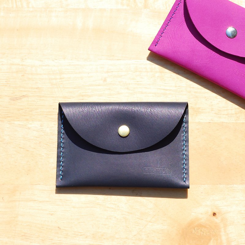 Handy business card holder / coin purse-round leather hand stitched (blue) - ที่เก็บนามบัตร - หนังแท้ สีน้ำเงิน