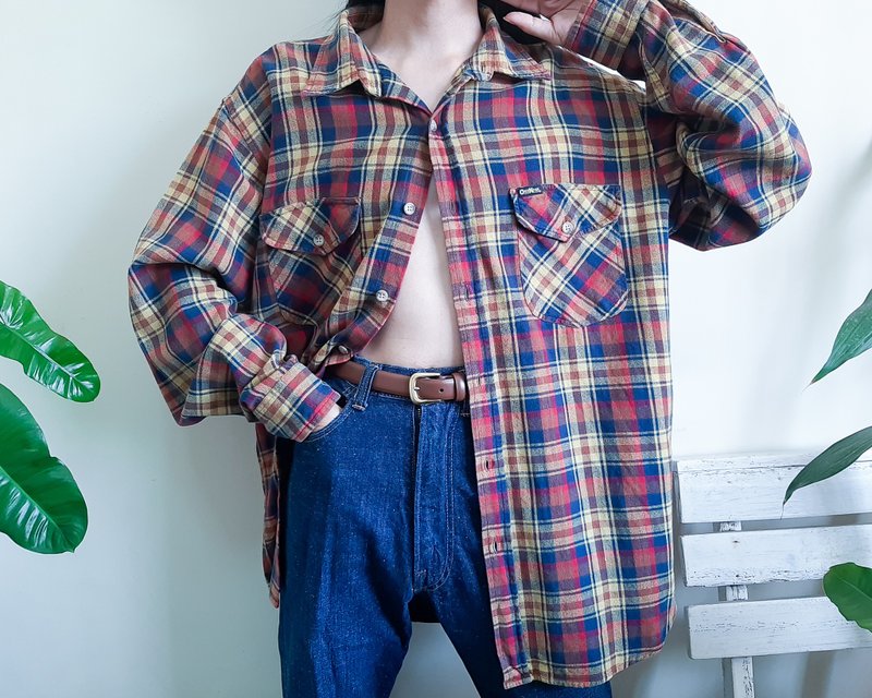 XL - OshKosh B'Gosh 棉質格紋襯衫 黃色 海軍藍 棕色 紅色 夾克 - 男襯衫/休閒襯衫 - 棉．麻 黃色