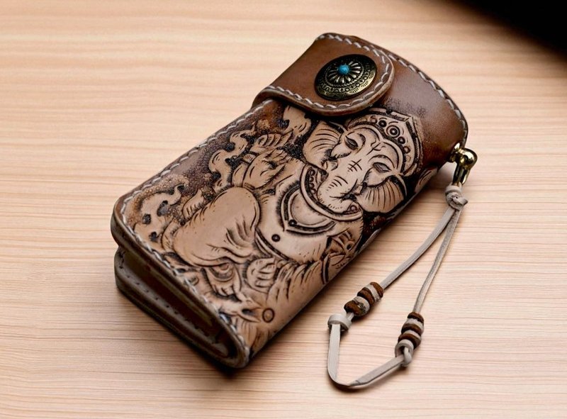Handmade Genuine Leather Wallet – Hand-tooled Ganesha Auspicious Design - 錢包/皮夾/長短夾 - 真皮 咖啡色