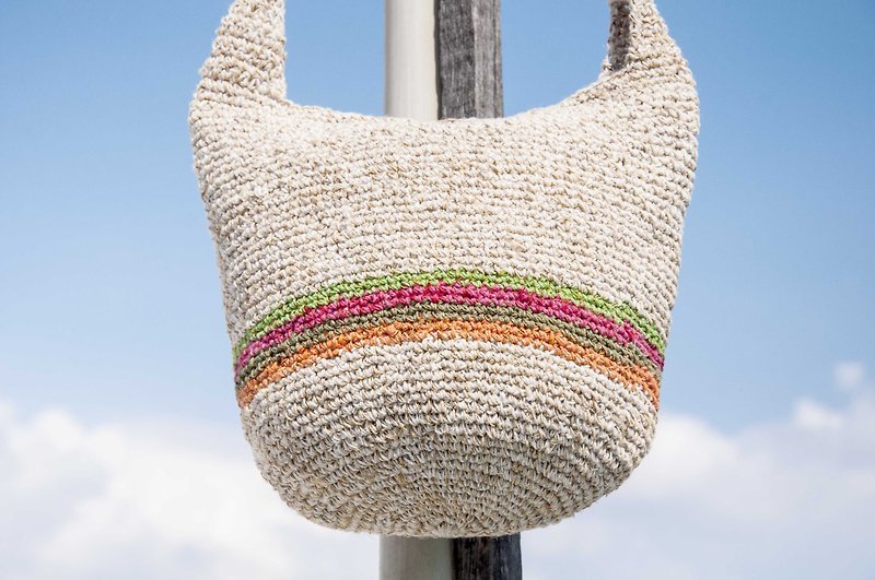 Natural cotton Linen crocheted portable bag / oblique backpack / shoulder bag / shoulder bag / bag / bag cylinder - Rainbow - Messenger Bags & Sling Bags - Cotton & Hemp Multicolor