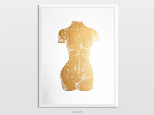 daashart Gold nude woman art print Linocut print Bust original artwork