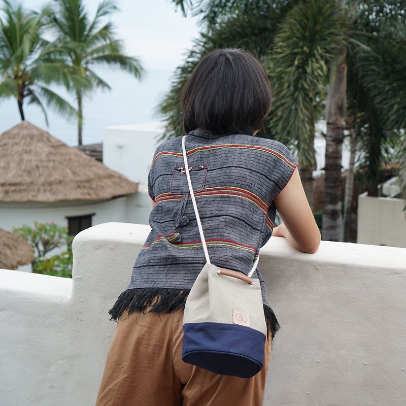 Mini Bucket Bag small size grey and navy colour canvas fabric - Messenger Bags & Sling Bags - Other Materials Silver