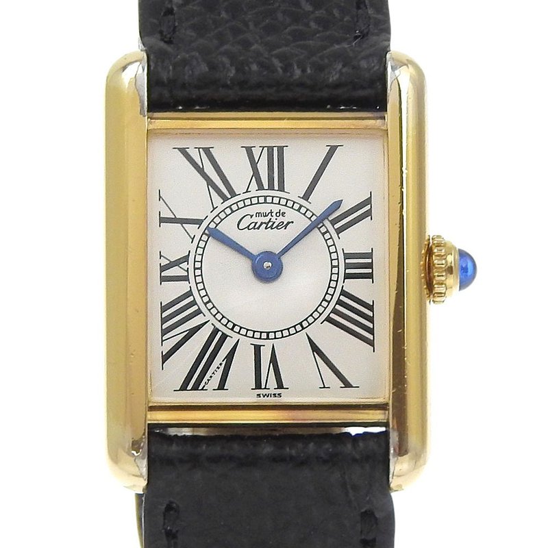 【日本直送】カルティエ CARTIER マストタンクSM 腕時計 ヴェルメイユ Cal.057 SV925×レザー ゴールド クオーツ 白文字盤 【中古】 - 女錶 - 銀 金色