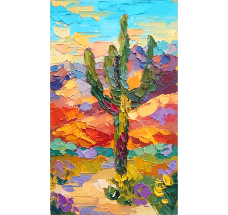 Cactus Painting Arizona Art Saguaro Desert Wall Art Oil Original Art Small - Posters - Other Materials Multicolor