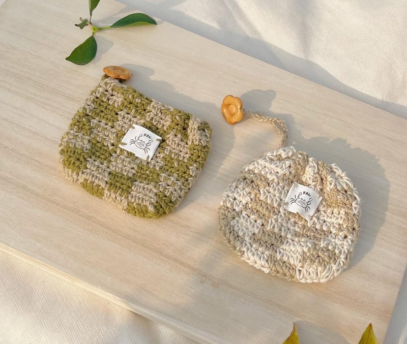 Checkered Crochet Drawstring Pocket - Coin Purses - Cotton & Hemp Green