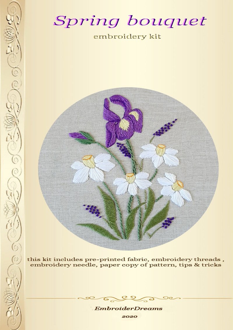手工刺繡套件 Iris and daffodils hand embroidery kit. - 編織/刺繡/羊毛氈/縫紉 - 繡線 多色