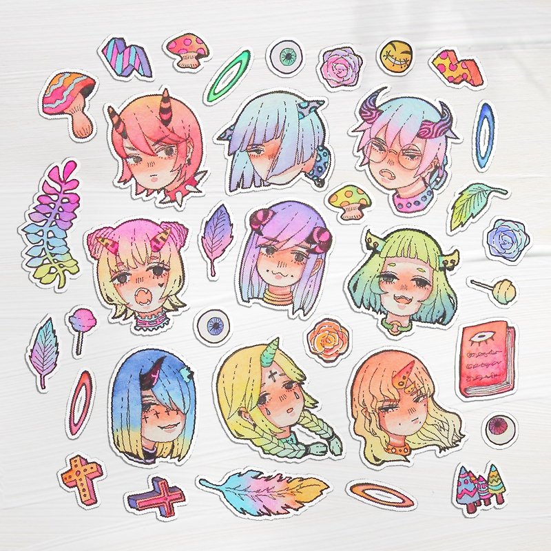 30 pieces of little devil hand-painted watercolor stickers - สติกเกอร์ - กระดาษ หลากหลายสี