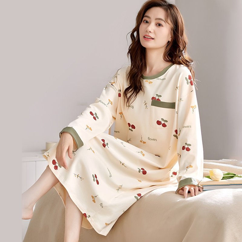 Pink Lady cup-style cotton soft one-piece nightgown cherry flower long-sleeved women's pajamas autumn and winter home wear - ชุดนอน/ชุดอยู่บ้าน - ไฟเบอร์อื่นๆ สีเหลือง