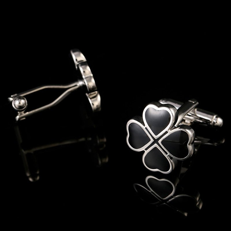 Lucky Four Leaf Black Cufflinks KC10018 ** Free Gift ** - Cuff Links - Other Metals Black