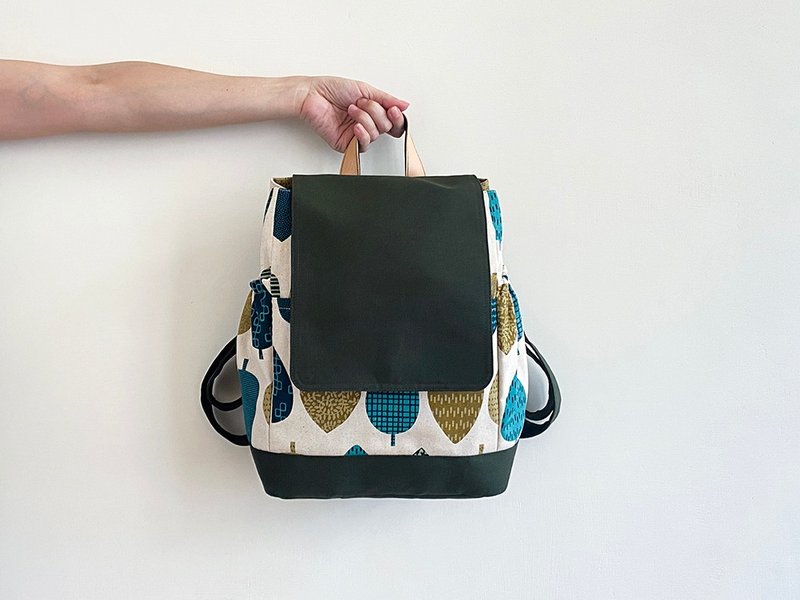 Hand-sewn jungle green x colorful forest cotton fabric embellished with cowhide leather backpack - Backpacks - Cotton & Hemp Green