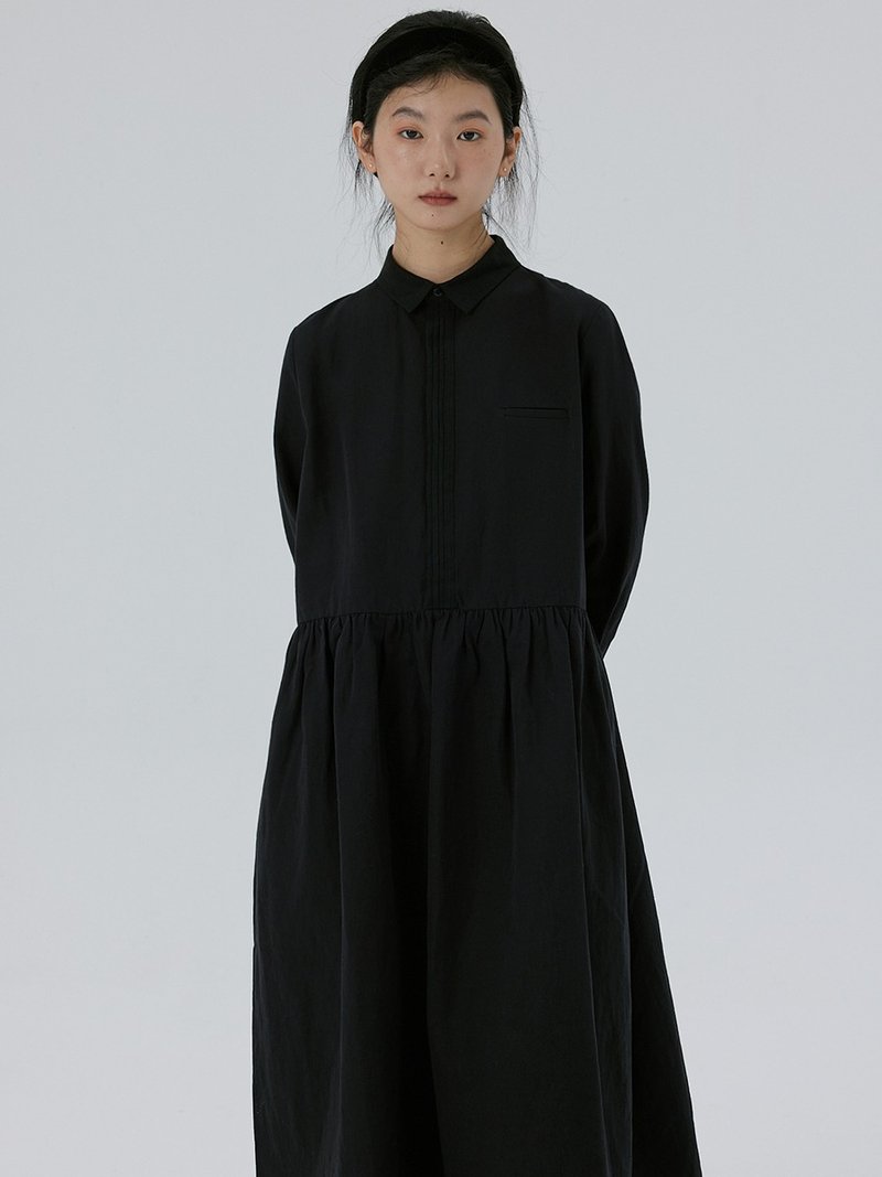 Linen and Linen Tucker Versatile Black Long Sleeve Dress - ชุดเดรส - ผ้าฝ้าย/ผ้าลินิน สีดำ