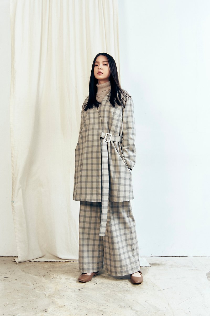 S1IR16 / Plaid Japanese button coat - Women's Casual & Functional Jackets - Cotton & Hemp Khaki