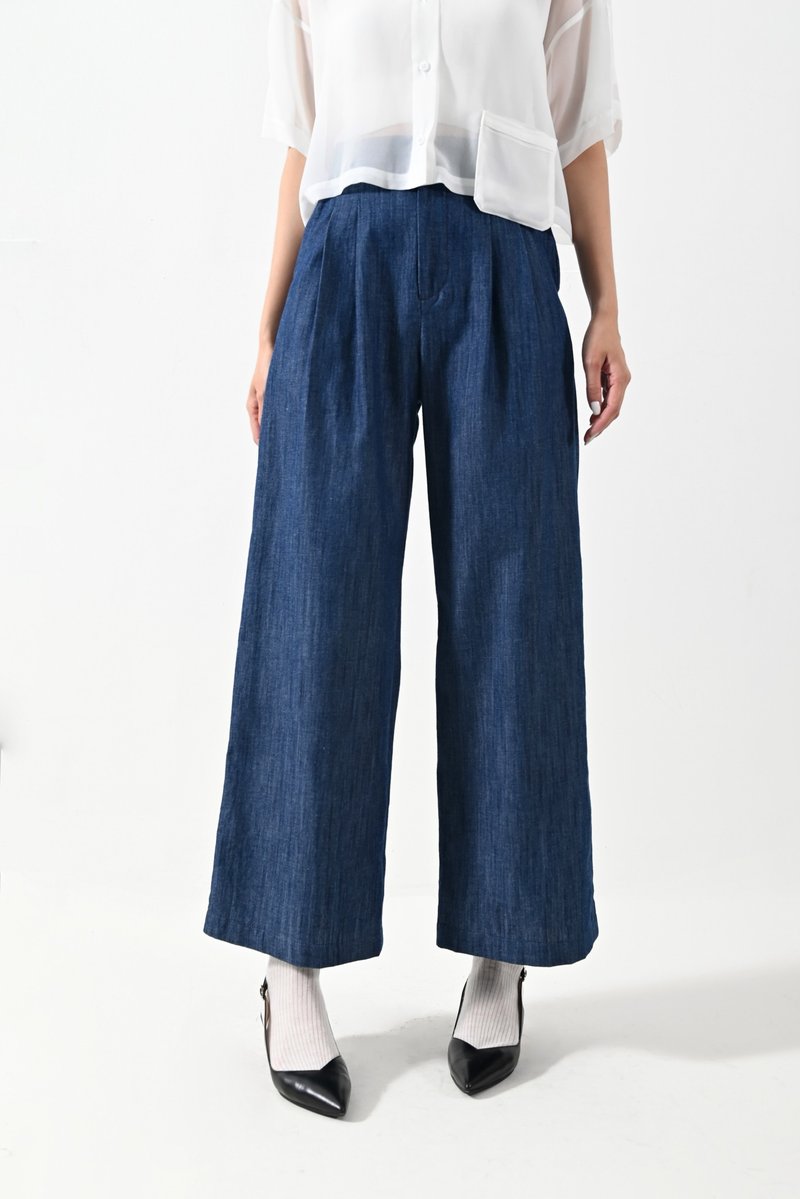 Shan Yong double pleated waist loose lightweight denim cropped wide pants - กางเกงขายาว - ผ้าฝ้าย/ผ้าลินิน 