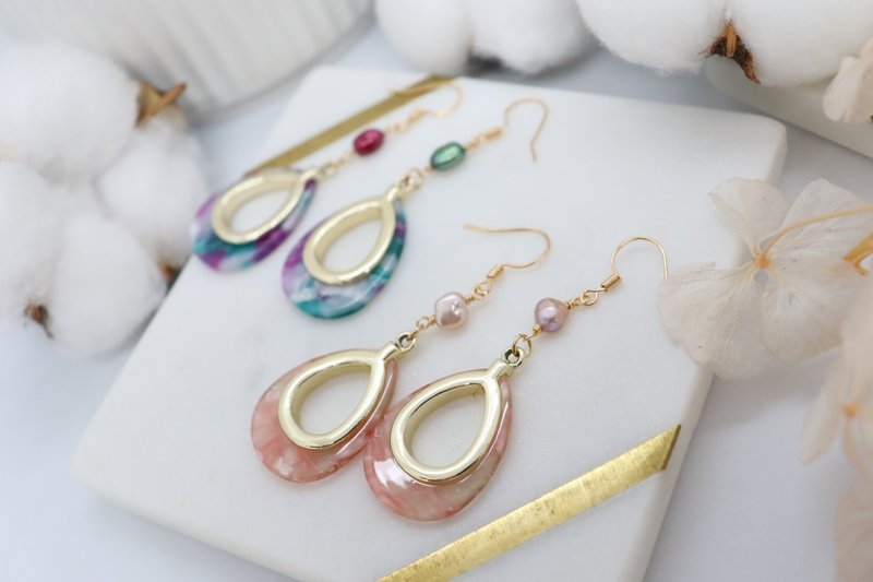 Teardrop Resin Beads & Pearl Dangle 925 Silver Earrings, Gorgeous Dangle Earring - ต่างหู - เรซิน 