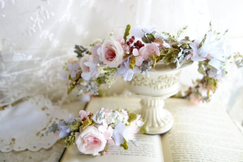 婚禮花飾系列~粉藍色不凋玫瑰花環手腕花 - 髮飾 - 植物．花 粉紅色