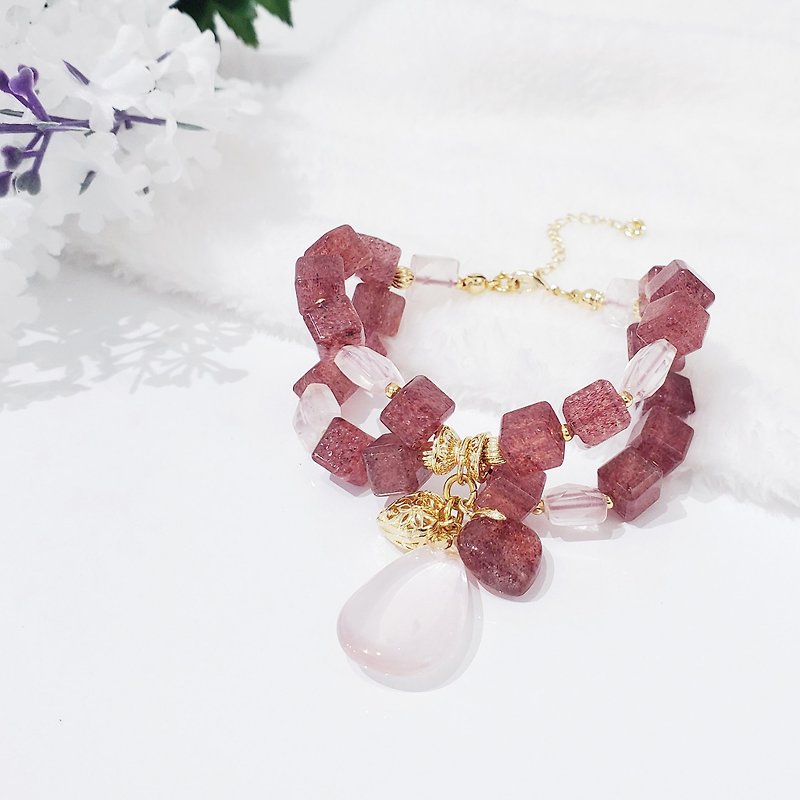Natural Top Strawberry Crystal Rubik's Cube Starlight Pink Crystal Popularity Peach Blossom Career Lucky Fortune Bracelet - Bracelets - Gemstone Pink