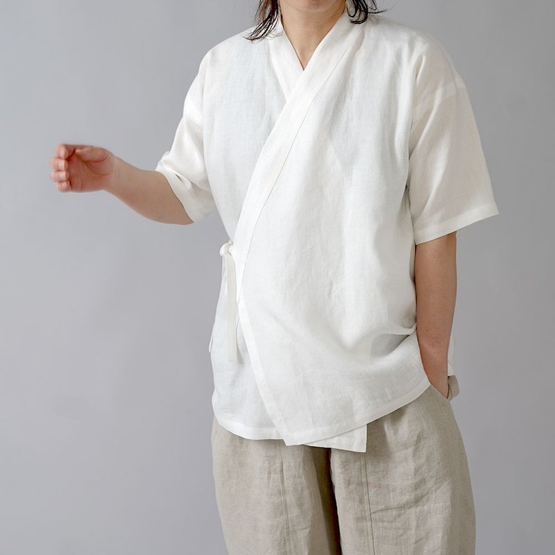 wafu - 日式 純亞麻上衣 外套 Unisex Linen Haori Top / White t010f-wht1 - 女上衣/長袖上衣 - 亞麻 白色