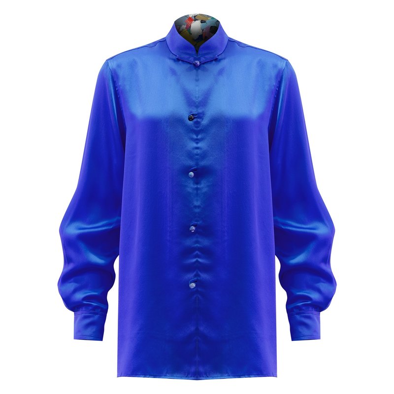 【百衲衣】香港藝術館IP聯乘經典真絲女式襯衫|國潮港風新中式 - 女襯衫 - 絲．絹 藍色