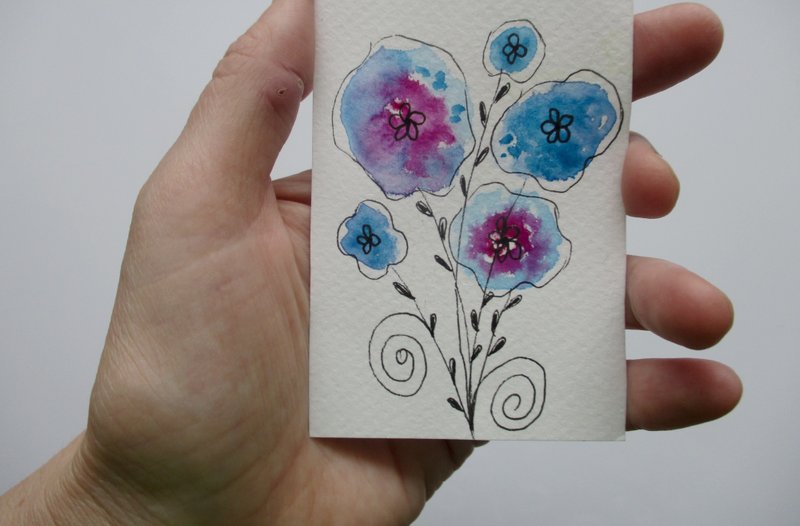 Original ACEO Abstract Flowers Art OOAK Floral Artwork Miniature 原创 ACEO 抽象花卉艺术 - Wall Décor - Paper Multicolor