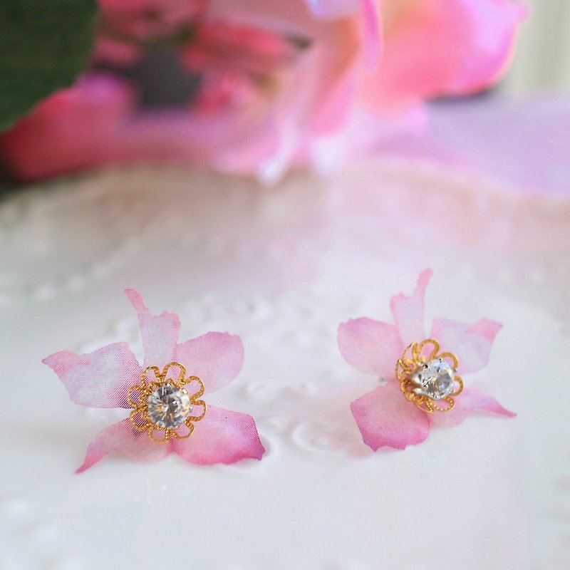 Purple organza Silk gift diamond crystal flower petal Cherry blossoms Earrings - Earrings & Clip-ons - Silk Purple