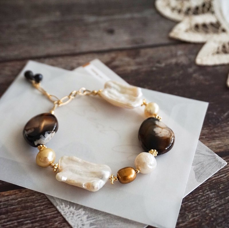Downton Abbey Baroque Pearls and Agate Vintage Style Handmade Bracelet Tasaki - Bracelets - Pearl 