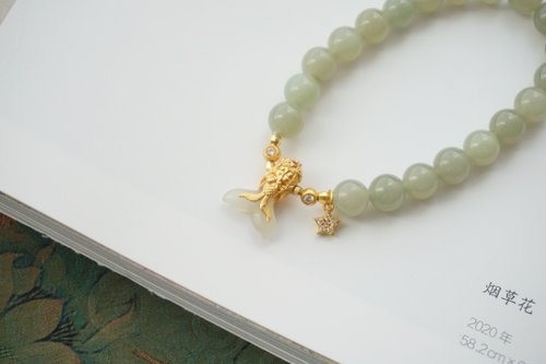 Angel's tears 天使之淚 Jewelry Design 6mm天然和田玉 /和闐玉-晴水玉925銀鑲白玉美人魚設計單圈手串s