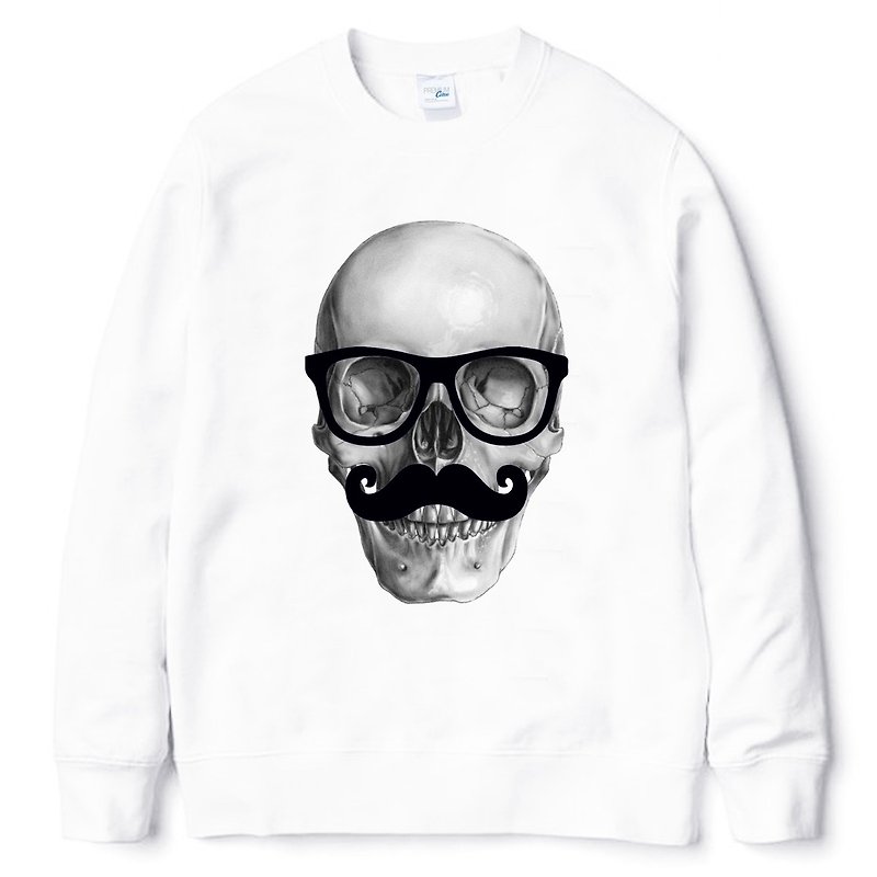 Mr Skull 大學T 中性版 刷毛 白色 骷髏 先生 設計 藝術 眼鏡 鬍子 - T 恤 - 棉．麻 白色