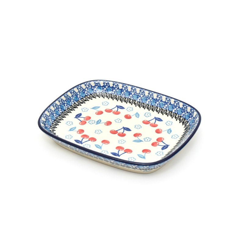 Polish handmade pottery-small flower cherry series-rectangular shallow dish (small) - จานและถาด - ดินเผา 