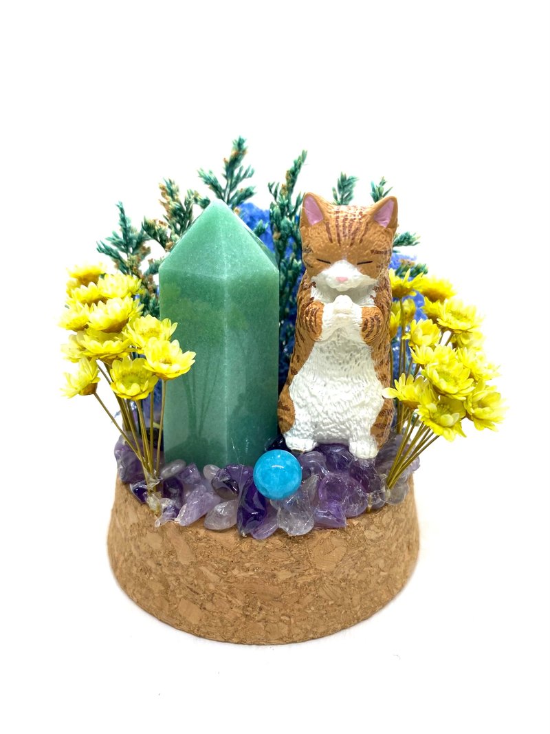 Cat and Green Aventurine Column/Aquamarine-Crystal Doll Dried Flower Arrangement - Items for Display - Crystal 