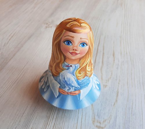 DonArtStudio Angel Girl with Dove Russian Nevalyashka roly poly music doll toy hand-painted