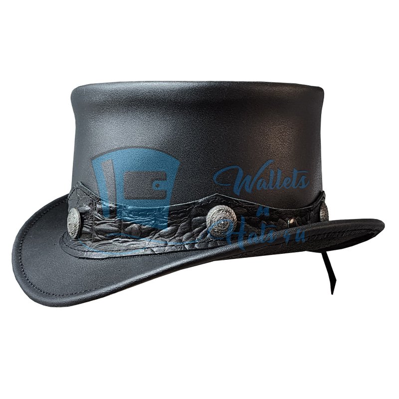Handmade Black Leather Steampunk Top Hat with Embossed Band & Concho Accents - 帽子 - 真皮 黑色